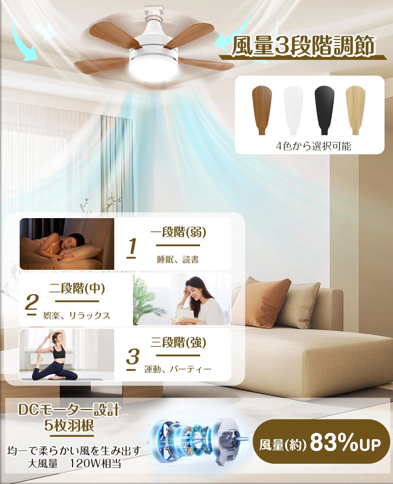 SUKITEN Ceiling Fan Light, 28 W, Ceiling Fan, Equivalent to 120W, 3,000 lm, DC Motor, Forward and Reverse Rotation Switching, Remote Control, 6-8 Tatami, E26, Small, Lightweight, Energy Saving, Bulb