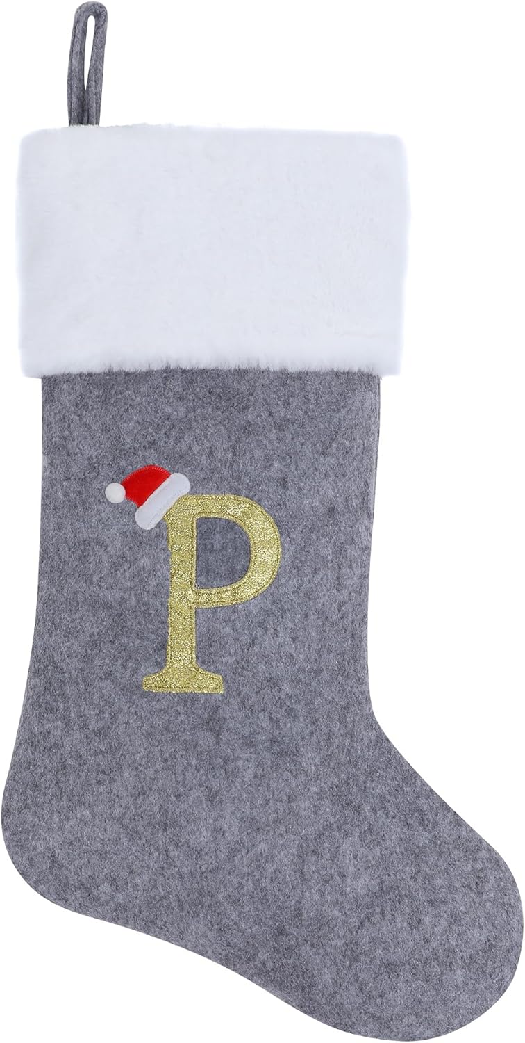 Stockings & Holders - Chisander 20 Inches Grey with White Super Soft Plush Christmas Stockings Personalized Embroidered Monogrammed Xmas Stocking Hanging Ornaments for Family Holiday Xmas Party Decorations（Letter P）