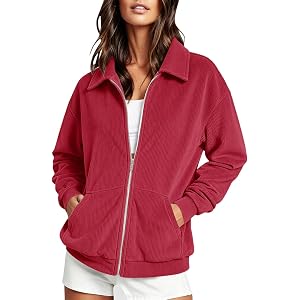 JiXiang Zip Up Sweatshirt Women Ribbed Knit Lapel Collar Hoodless Casual Fashion Jackets Oversized Trendy Clothes Outerwear
