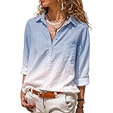 CHICME Women's Button Down Long Sleeve Shirts Casual Ombre Blouse with Pocket Summer Tops
