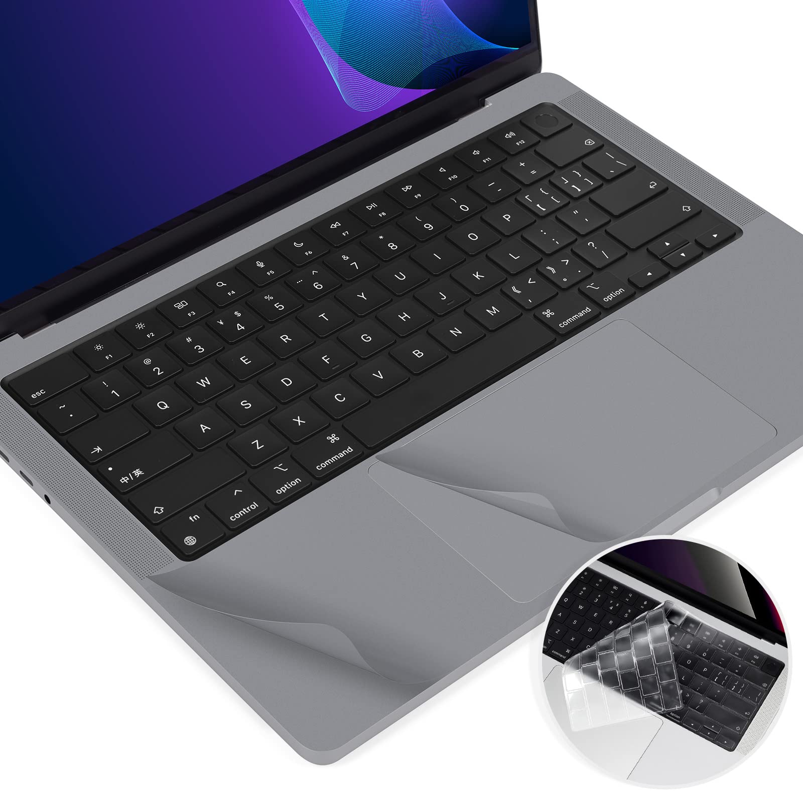 3-in-1 MacBook Pro 14 Wrist Rest with TrackPad Protective Film for 2023 2022 2021 New Apple MacBook Pro 14 Inch M2 M1 Pro/Max Chip A2442 A2779 with Keyboard Cover, Space Grey