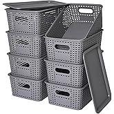 Ohmlove Plastic Storage Baskets with Lid - Plastic Storage Containers Stackable Storage bins: Storage Baskets for Organizing Shelves Drawers Desktop Closet Playroom Classroom Office, 8 Pack-Gray