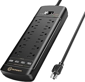 Power Strip, Witeem Surge Protector with 12-Outlet (1875W/15A, 4360Joules) and 4 USB Charging Ports (5V/6A, 30W), 6Ft Extension Cord, Wall Mountable Overload Protection Outlet for Home & Office, Black