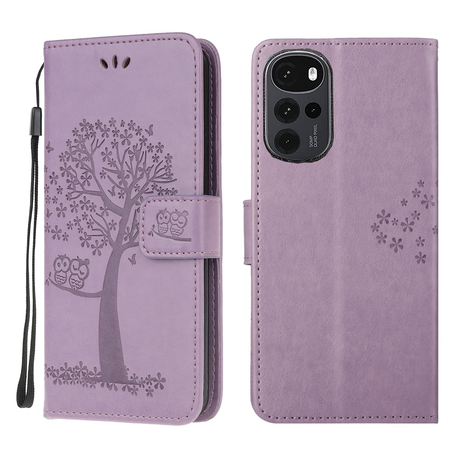 Motorola G22 Case, Leather Wallet Flip Folio Magnetic Clasp Card Holder Stand View Bookstyle Cases for Motorola Moto G22 Phone Cover Shockproof Cute Owl & Tree Pattern Girls, Light Purple