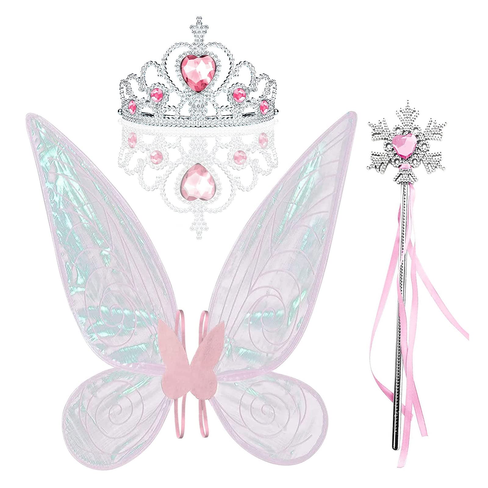 Pro-Noke Butterfly Fairy Wings with Crown Fairy Wand 3 Pcs Fairy Princess Costume Accessories for Women Fancy Party Dress Up (Pink)