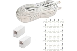 LanSenSu Phone Extension Cord100 Ft, Phone Cord ，Telephone Cable with Standard RJ11Plug and 2 in-Line Couplers and 35 Cable Clip Holders, White (White, 100 Feet)