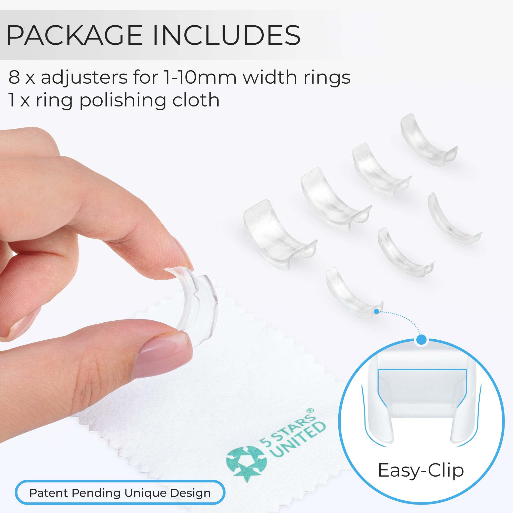5 STARS UNITED Ring Sizers for Loose Rings - 8 - Pack Easy-Clip Ring Size Adjuster for 1-10 mm Band Widths - Ring Guards for Women and Me