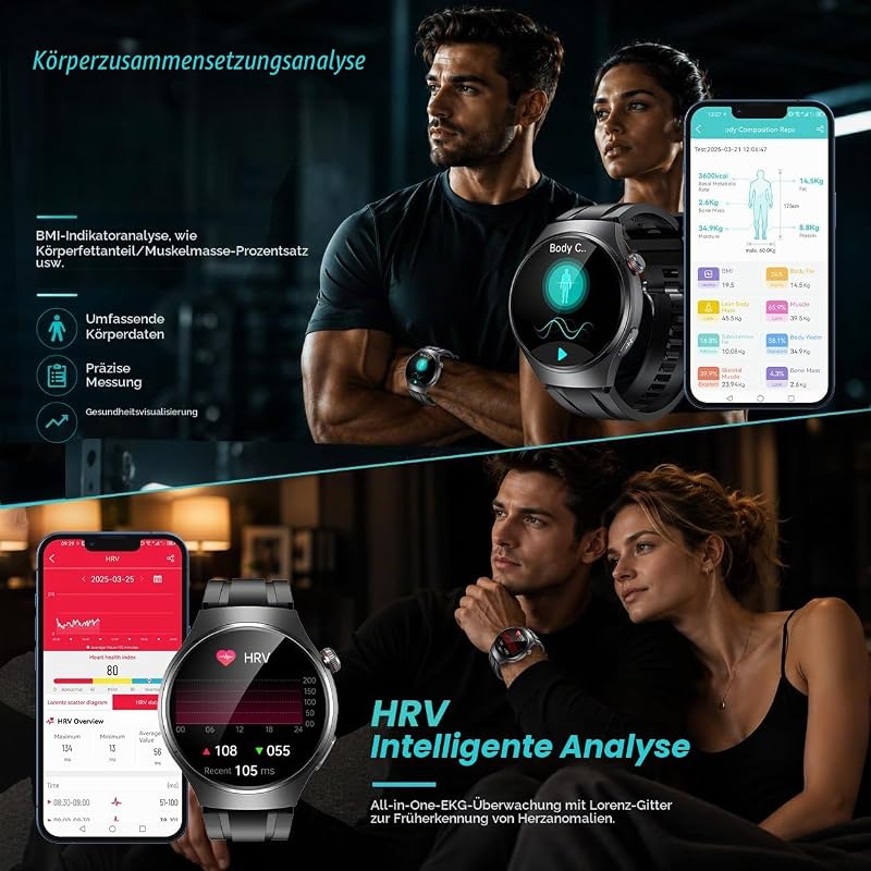 Smartwatch Herren EKG+𝐇𝐑𝐕 Blutdruck Herzfrequenz: Smart Watches Uhr Schwarz 1,43" Rund AMOLED Gesundheitsuhr 𝐄𝐂𝐆 Armbanduhr Wasserdicht Schrittzähler Telefonfunktion Fitnessuhr Uhren Android iOS — Foto 3 von 7