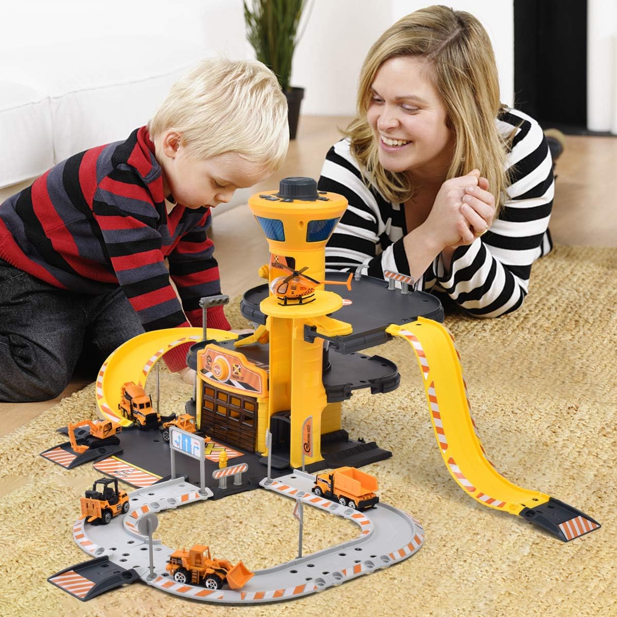 NEWRICE 3-Floors City Engineering Station Parking Lot Toy Set, with Lights & Sounds,1Helicopter+6pcs Metal Die-Toy cast Cars,Track,Garage,Electric Lift.for 3-6 Year Boys & Girls/Kids: Toys & Games