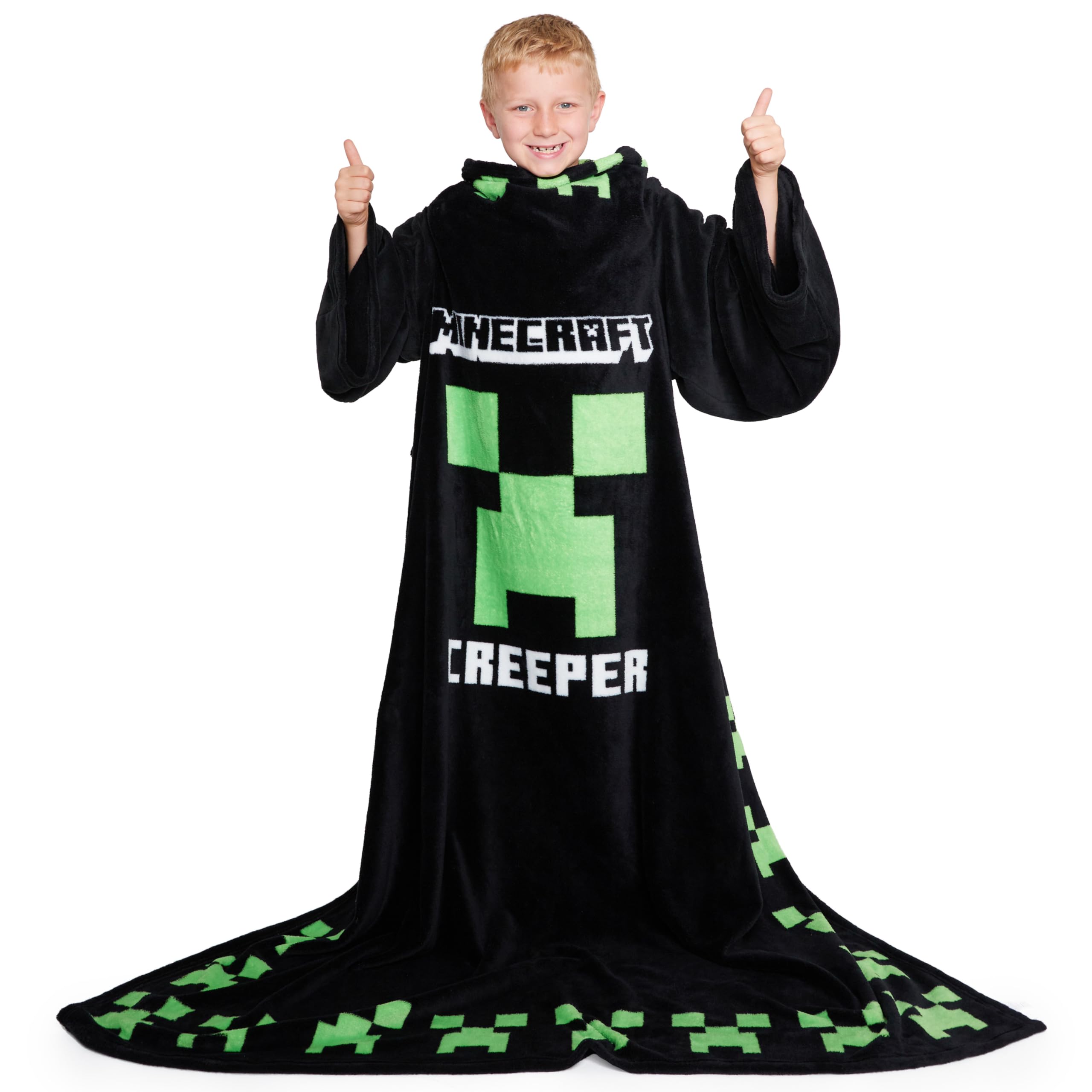 Minecraft Wearable Blanket for Kids and Teenagers - One Size Kids Blanket with Sleeves Cosy Lounge Wear Gifts for Boys (Black)