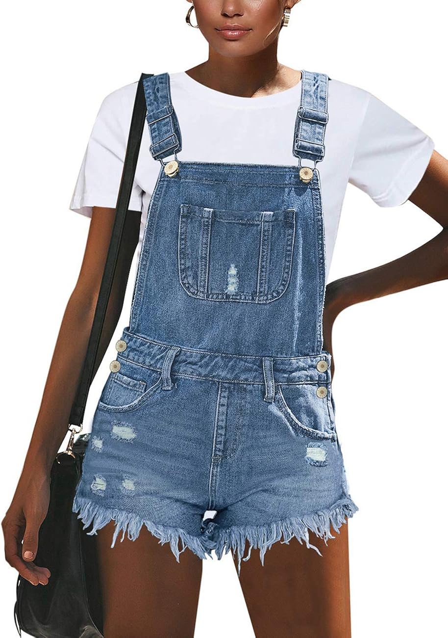 Utyful Women’s Adjustable Straps Denim Bib Overalls Shorts Roll Cuff