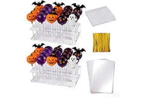 20 Holes Acrylic Cake Pop Display Stand Clear Lollipop Hold Stand with 100pcs Sticks, Treat Bags and Twist Ties for Birthday 