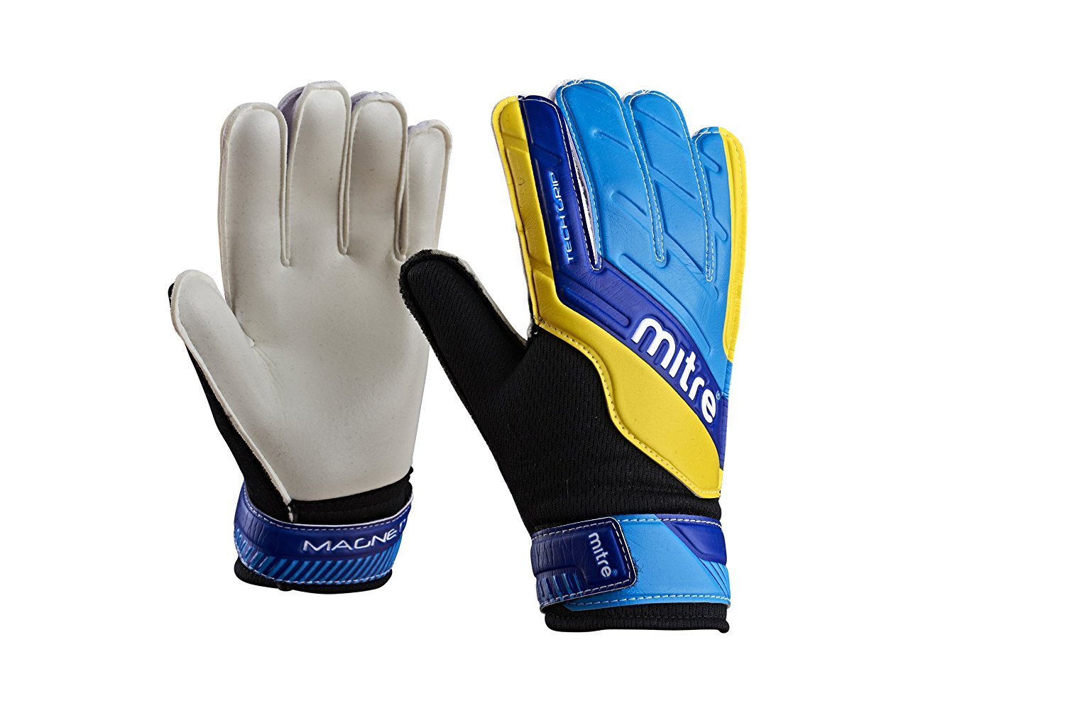 Mitre Magnetite Junior Goalkeeper Gloves | Be Football Match Ready | Extra Comfort, Black/Blue/Yellow, Size 5