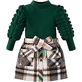 Bkixhv Toddler Girls Plaid Outfits Skirt Set Girl Fall Winter Clothes Puff Sleeve Knit Ribbed Sweatshirt Tops Plaid Skirt Set