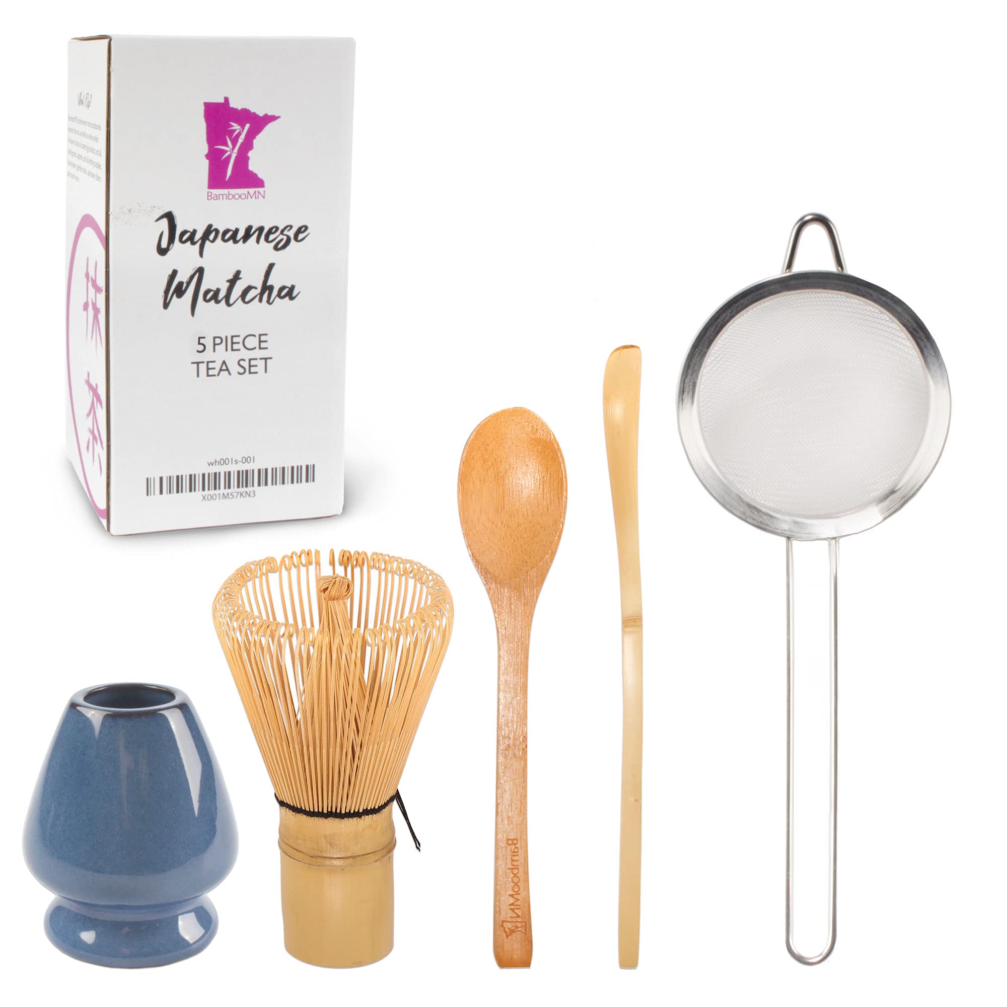 BambooMN Brand - Matcha Green Tea Whisk Set - Deep Blue - 5-Piece Set - Bamboo Tea Accessories