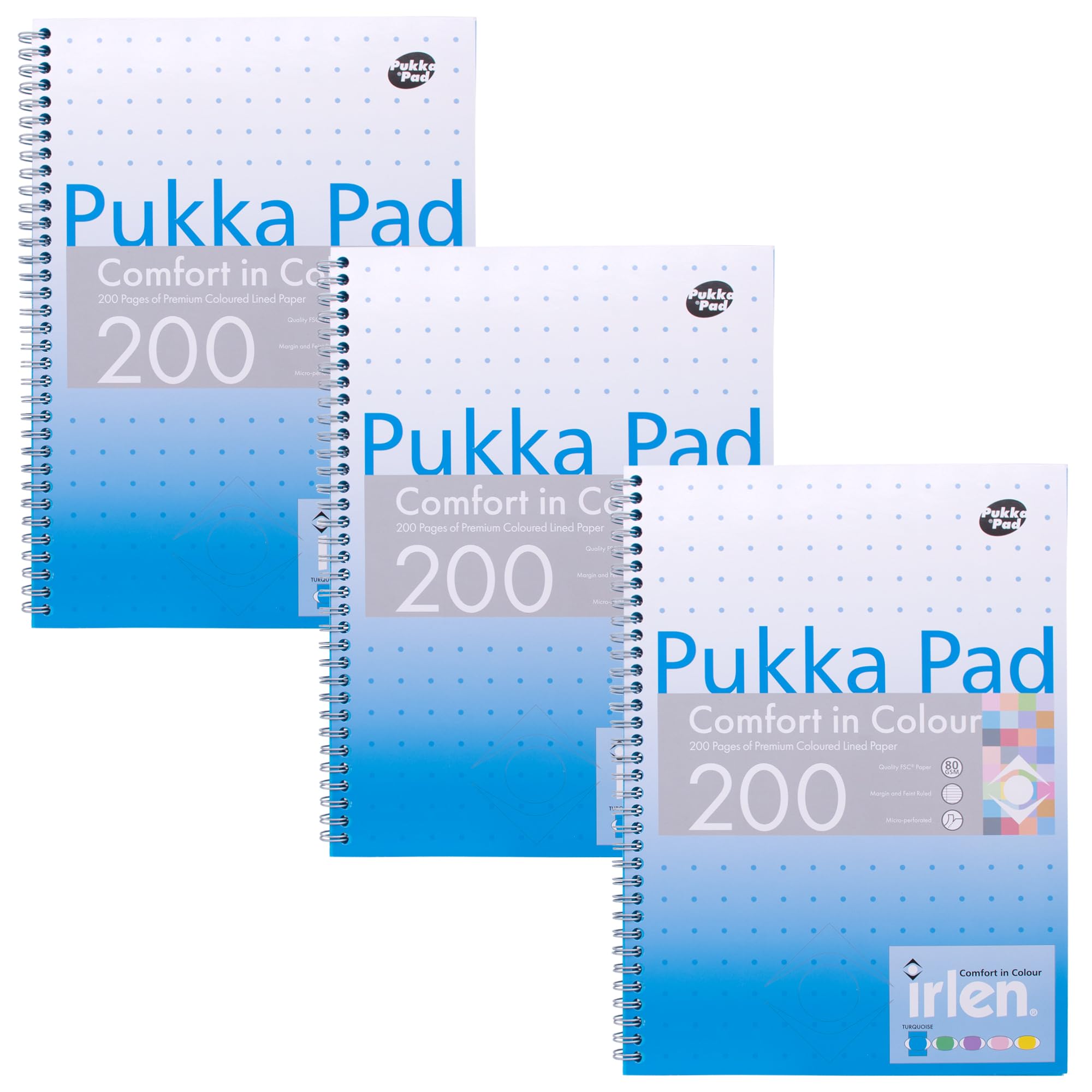 Pukka Pad, Irlen Jotta Pad A4 Notebook 3-Pack – Wire Bound Notepad 200 Pages of 80GSM Coloured FSC Certified Lined Paper – Designed for Visual Perception Difficulties – 29.7 x 23cm, Turquoise