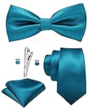 Hi-Tie Mens Teal Blue Tie and Bowties Silk Necktie