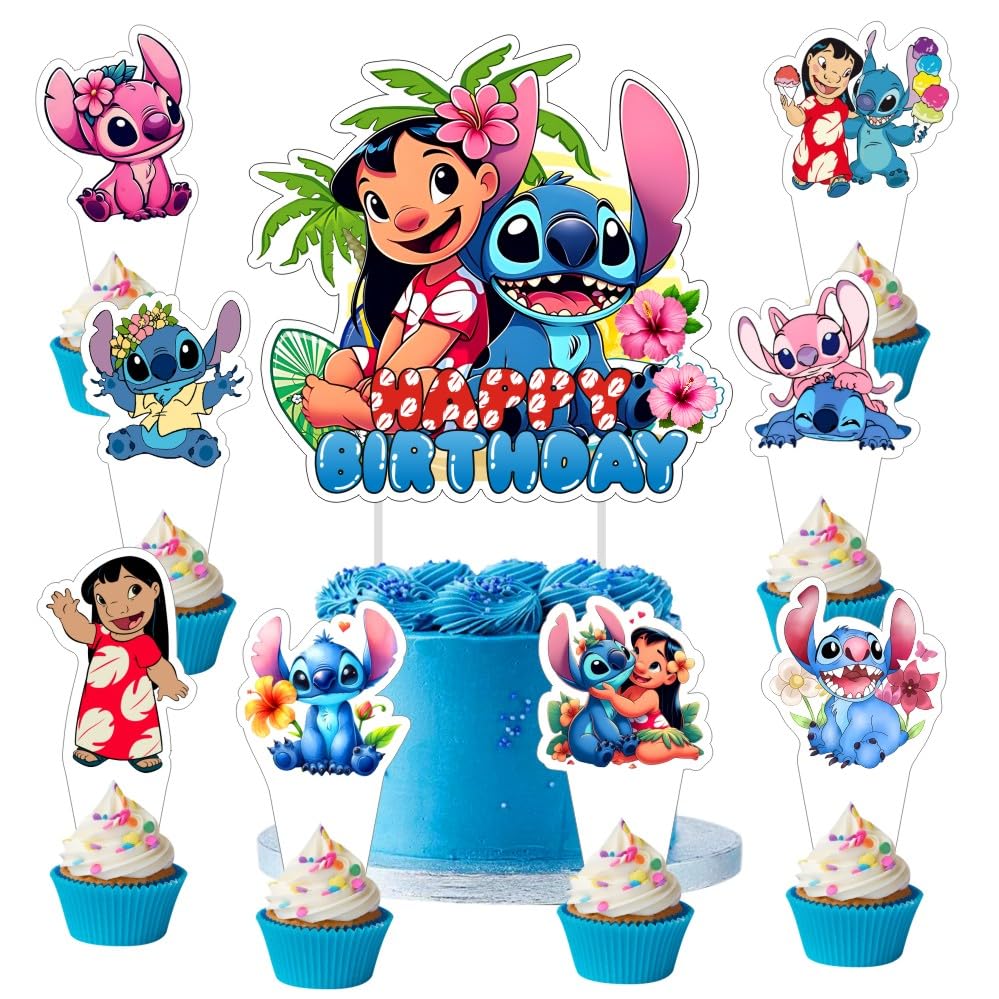 Photo 1 of 25 Pcs Cake Topper and Cupcake Toppers Set Birthday Party Supplies for Cartoon Blue Themed Birthday Decorations