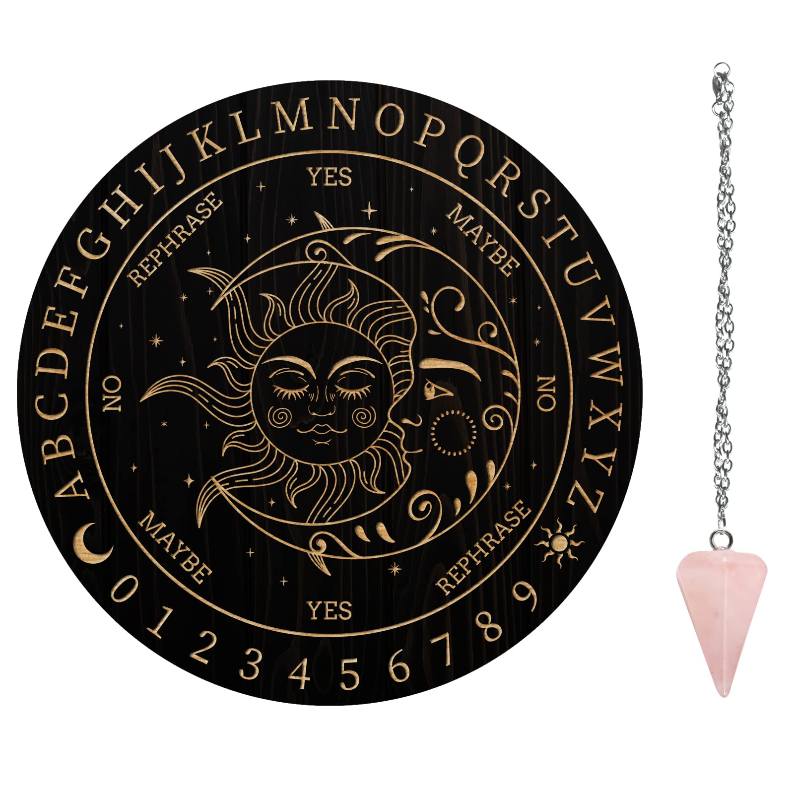 AHANDMAKER Sun Moon Pendulum Board, 7.8" Dowsing Divination Metaphysical Message Board Wooden Carven Board with Crystal Pendulum Necklace Divination for Witchcraft Wiccan Altar Decor Supplies Kit