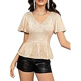 YHHOWEP Women's Sparkly Sequin Tops Ruffle Sleeve Glitter Blouses Sparkle Shirt Dressy Party Concert Disco Outfits 2025