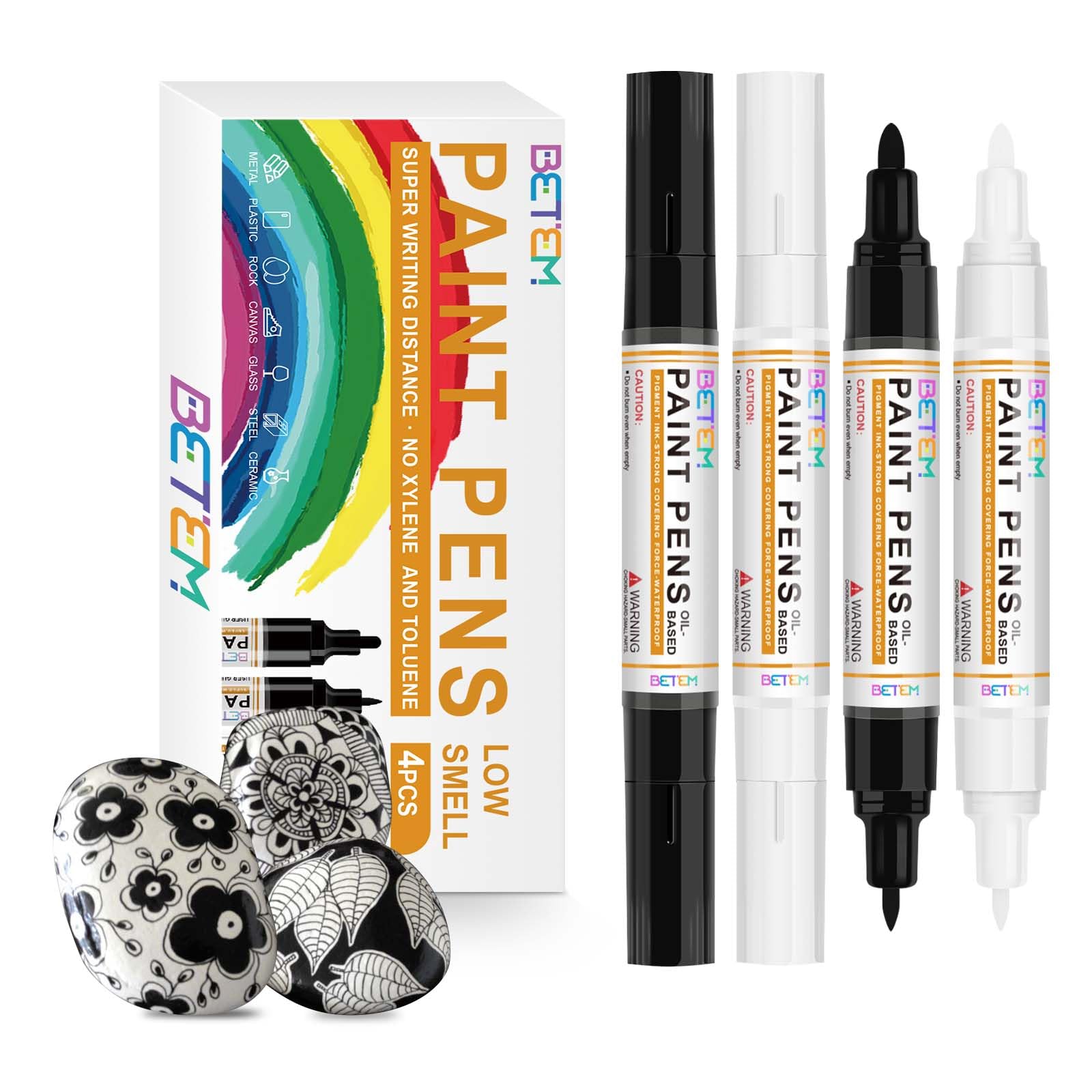 Photo 1 of Betem 4 Count Dual Tip Oil Based White Black Paint Markers Pens(0.7mm & 3mm), Permanent Paint Marker, Waterproof, Quick Dry, for Rock Painting, Wood, Plastic, Metal, Canvas(2White 2Black)