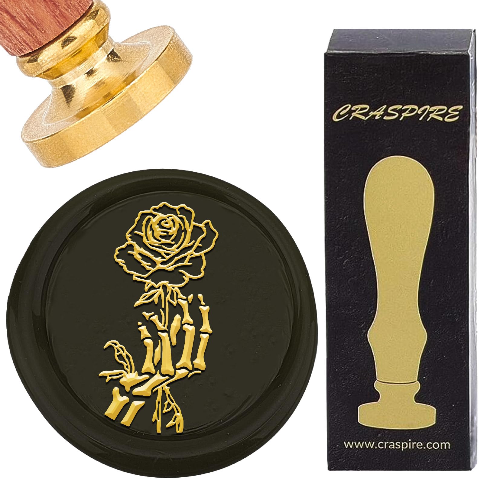CRASPIRE Rose Sealing Wax Stamp Skull Wax Seal Stamps 25mm Retro Vintage Removable Golden Brass Stamp Head with Rosewood Handle for Halloween Wedding Invitations Cards Envelopes Wrapping Bottle Decor