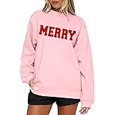 SANIXJOO Merry Sweatshirts for Women Christmas Crewneck Fleece Lined Sweaters Chenille Sequin Letter Pullover Winter Tops
