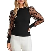 Floerns Women's Dressy Puff Sleeve Sheer Mesh Blouse Polka Dots Crew Neck Business Casual Elegant Tops