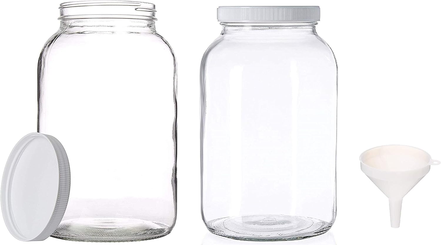 2 Pack - 1 Gallon Glass Mason Jar Brewing and Fermenting Set - Plastic Lids- Wide Mouth Neck with Funnel for Easy Bottling and Pouring - Safe for Kombucha, Kefir and Canning BPA Free By Kitchentoolz