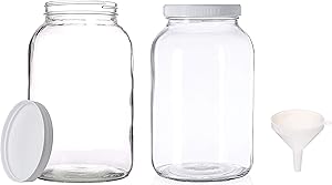 2 Pack - 1 Gallon Glass Mason Jar Brewing and Fermenting Set - Plastic Lids- Wide Mouth Neck with Funnel for Easy Bottling and Pouring - Safe for Kombucha, Kefir and Canning BPA Free By Kitchentoolz