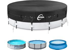 Kipiea Heavy Duty 500D 18ft Round Pool Cover for Above Ground Pools, Swimming Pool Cover with Full Circle Straps, Anti-Slip Straps and Tent Stakes, Featuring Windproof, Waterproof and Dustproof Design