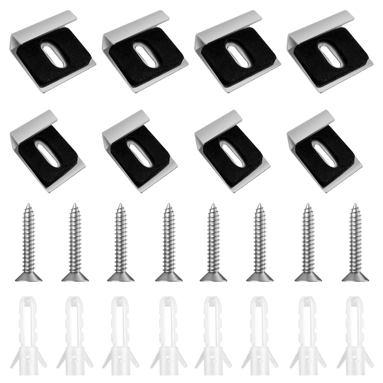 8 Pcs Frameless Glass Wall Mount Kit, 304 Stainless Steel Mirror Clips, Frameless Mirror Glass Wall Hanging Fixing Kit, Mirror Clips Set with Dowels and Screws for Glass, Heavy Mirror, Picture Frame