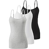 Air Curvey 3 Pack Camisole Tops for Women Built in Bra Adjustable Strap Soft Cotton Undershirt Tanks Seamless Layering Tops