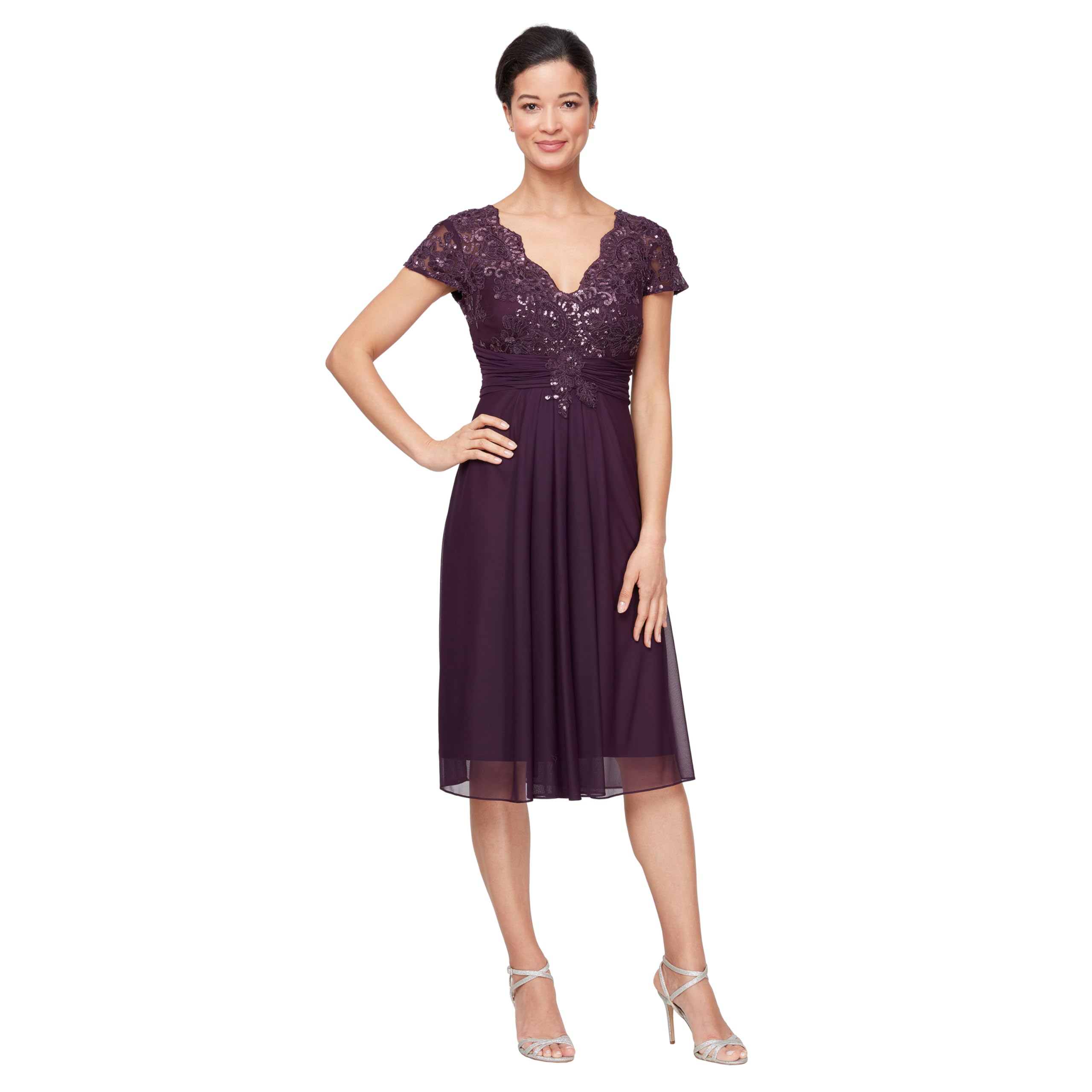 Photo 1 of Alex Evenings Women's Short Sleeveless A-line Gown with Embroidered Empire Bodice, Cocktail Dress for Special Occasions, Eggplant Empire Waist, 16