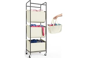 Moforoco Vertical Laundry Sorter 3 Section with Removable Bag, Laundry Hamper with Wheels, 120 L Rolling Laundry Baskets organizer for Bathroom, Apartment, Dorm Room, Beige