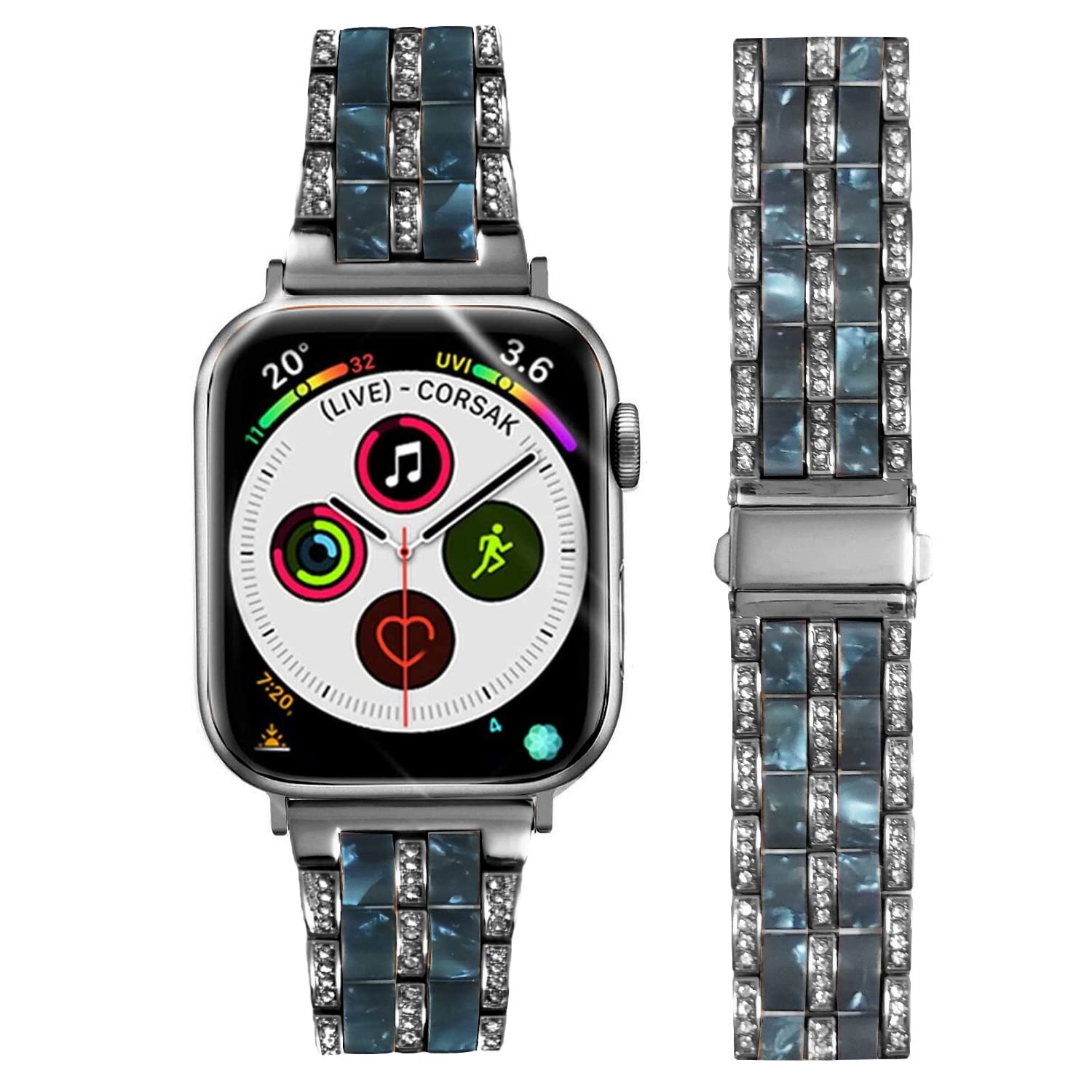 DEALELE Strap Compatible with iWatch 38mm 40mm 41mm, Luxury Resin Rhinestone Metal Replacement Bands for Apple Watch Series 9/8 / 7/6 / 5/4 / 3 / SE/Ultra Women Men (Black-Ink blue)