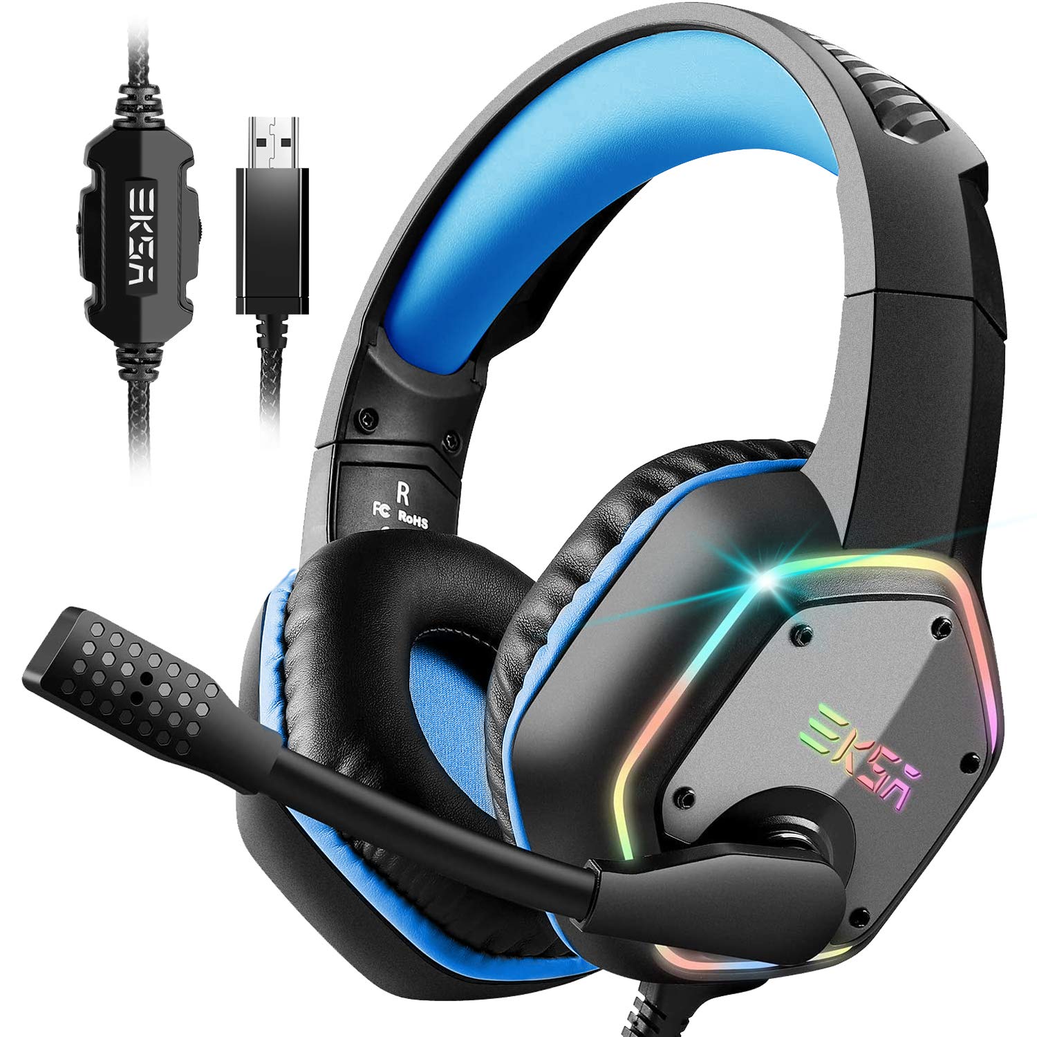 Eksa E1000 Usb Gaming Headset For Pc - Computer Headphones With Microphone/Mic Noise Cancelling, 7.1 Surround Sound Wired Headset &Amp; Rgb Light - Gaming Headphones For Ps4/Ps5 Console Laptop (Blue)