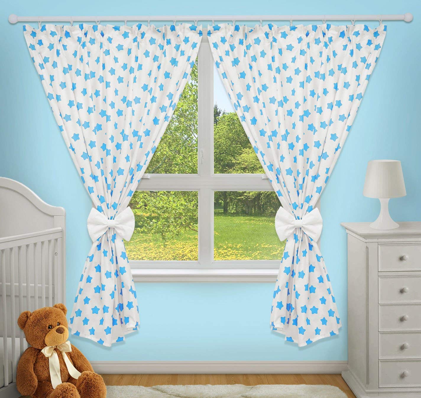 TheLittles24 Luxury Decorative Curtains for Baby Room Matching with Our Nursery Bedding Sets (Big Turquoise Stars on White Background)