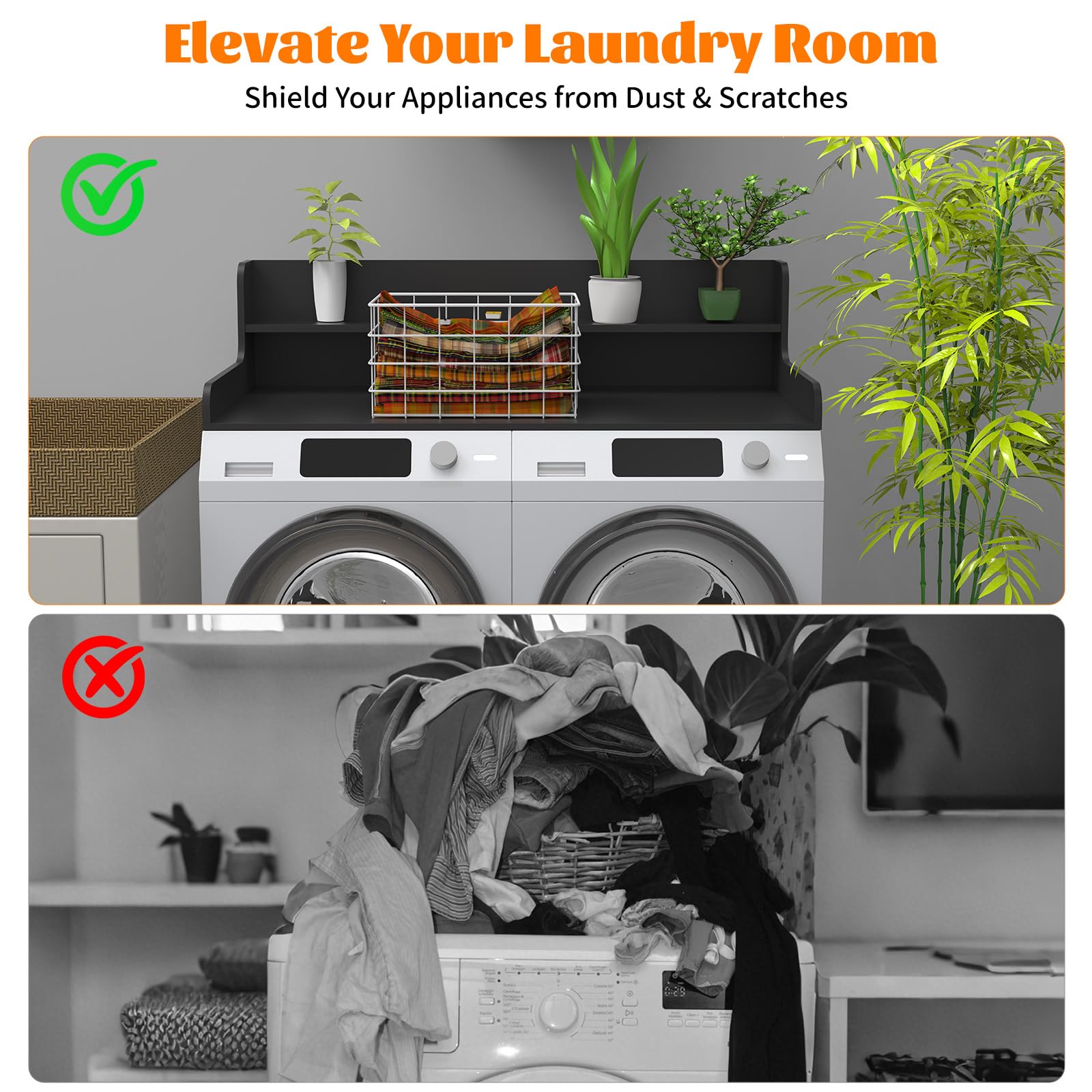 Condition photo showing New/Like New for 2-tier washer dryer countertop, wood laundry countertop with edge, 54" x 27.5" top cover for laundry