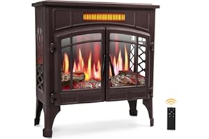 RealSmart Electric Fireplace Heater, Freestanding Stove Heater with 3D Realistic Flame Effect, Fireplace Stove Overheat Safety Protection for Indoor Use Bedroom,750W 1500W Retro Brown