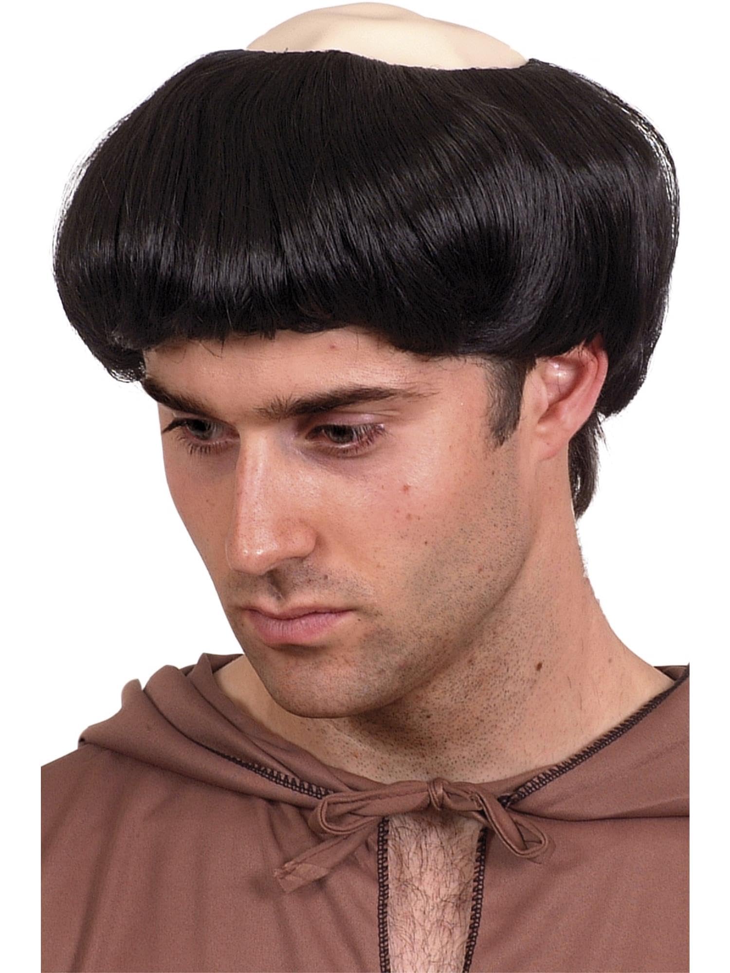 Smiffys Monk's Wig, Black Short, with Plastic Top, Saints and Sinners Fancy Dress, Adult Dress Up Wigs Halloween