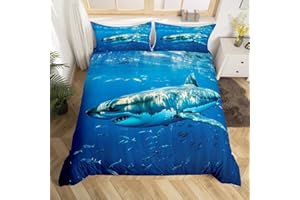 Castle Fairy Shark Printed Duvet Cover Queen for Boys Girls Kids Blue Ocean Bedding Set 3D Shark Comforter Cover Child Marine
