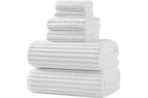 XIQ 39x79 Inches Extra Large Bath Sheets Towels for Adults Super Soft Luxury Ultra Absorbent Striped with Hanging Loop Microfiber Shower Towels (White, 6PCS)