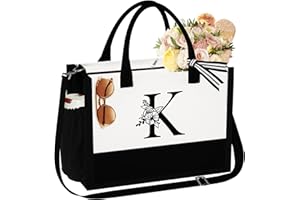 YOOLIFE Initial Canvas Beach Tote Bag with Zipper Adjustable Strap Tote Bag Bride Gifts Mothers Day Birthday Gifts for Women