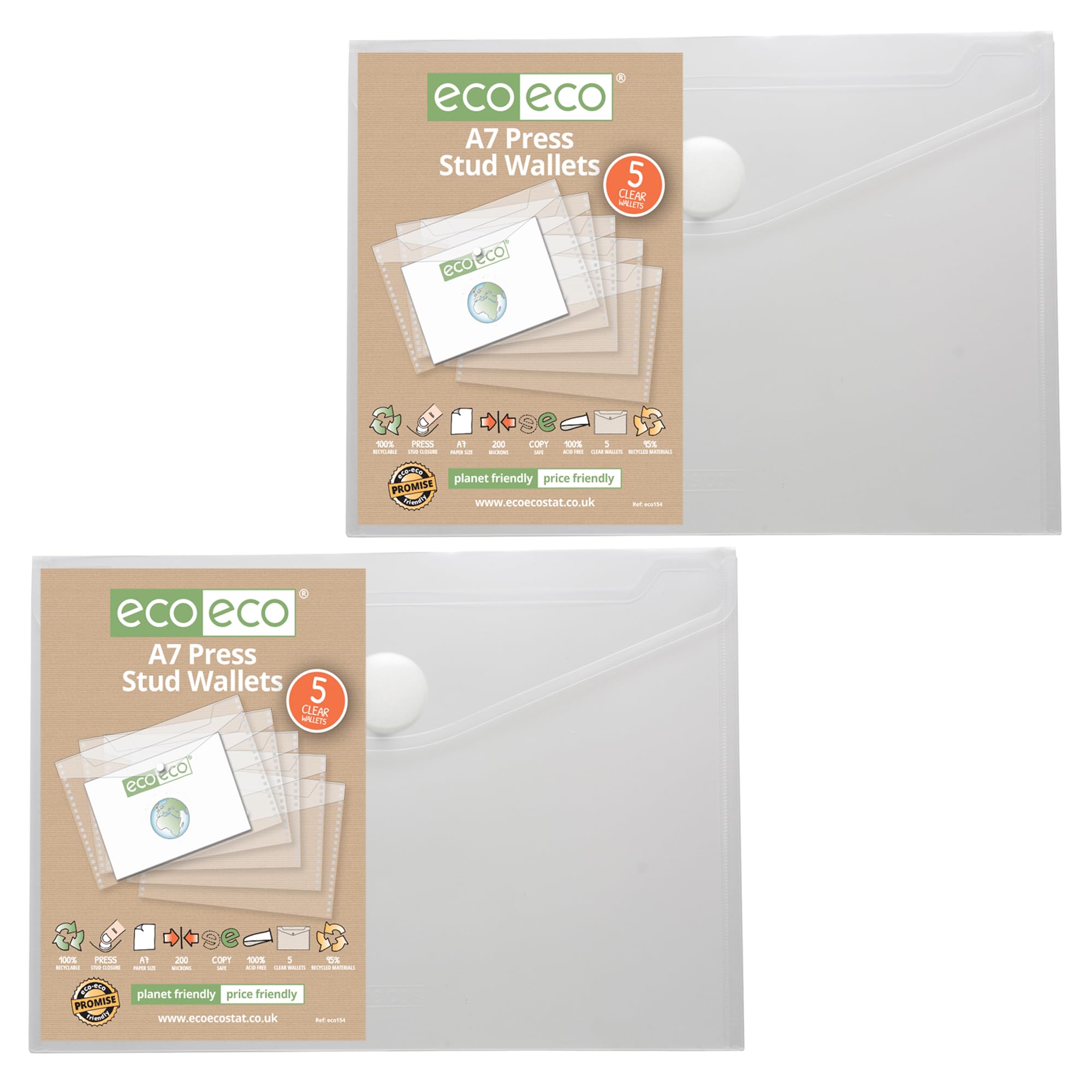 eco-eco A7 95% Recycled Clear Press Stud Popper Wallet, Plastic Folders (Pack of 10), eco154x2