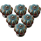 IEIK Cabinet Knobs 6 Pack Glazed Ceramic Knobs with Pumpkin Shape for Decor Door Pull Handle for Vintage Cabinet Drawers, Closets, Cupboard (Blue)