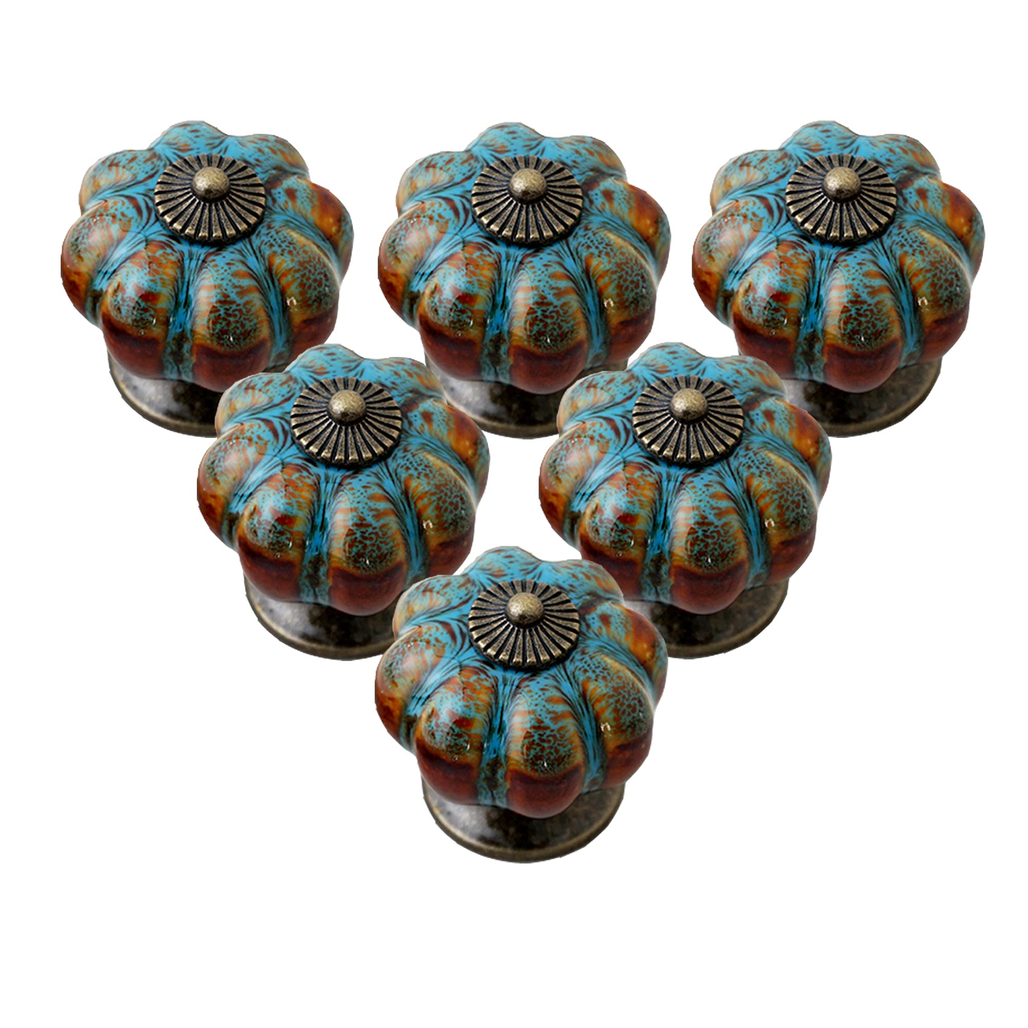 Photo 1 of IEIK Cabinet Knobs 6 Pack Glazed Ceramic Knobs with Pumpkin Shape for Decor Door Pull Handle for Vintage Cabinet Drawers, Closets, Cupboard (Blue)