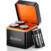 RayHom 4 Pack 10000mAh Rechargeable D NiMH Batteries with 4 Slot Charger | Low Self Discharge D Cell Batteries with NiMH Magnetic Battery Charger, Dustproof,Waterproof Fully Protective Storage Box