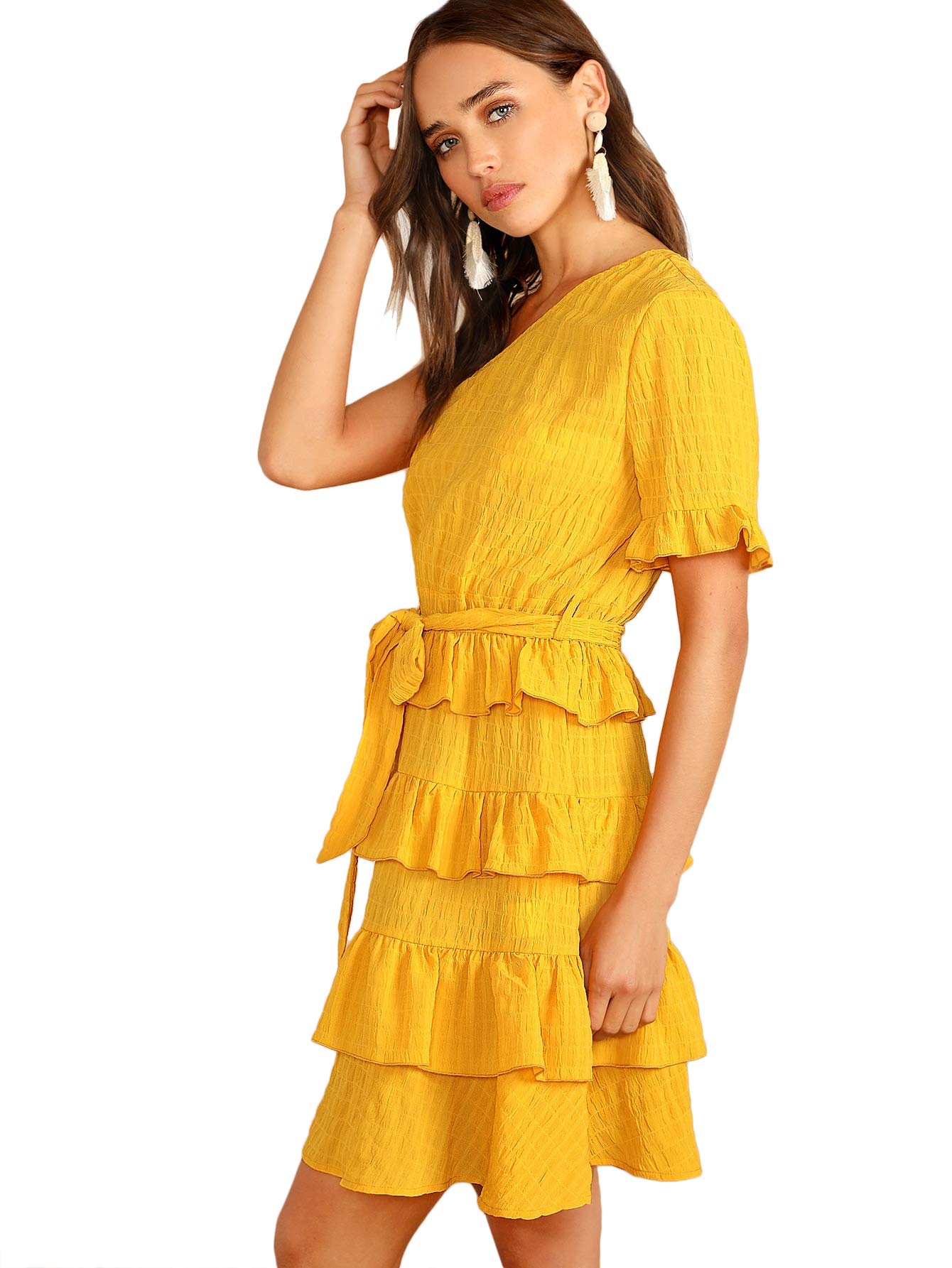 ROMWE Women's One Shoulder Short Sleeve Ruffle Self Belted Dress Yellow