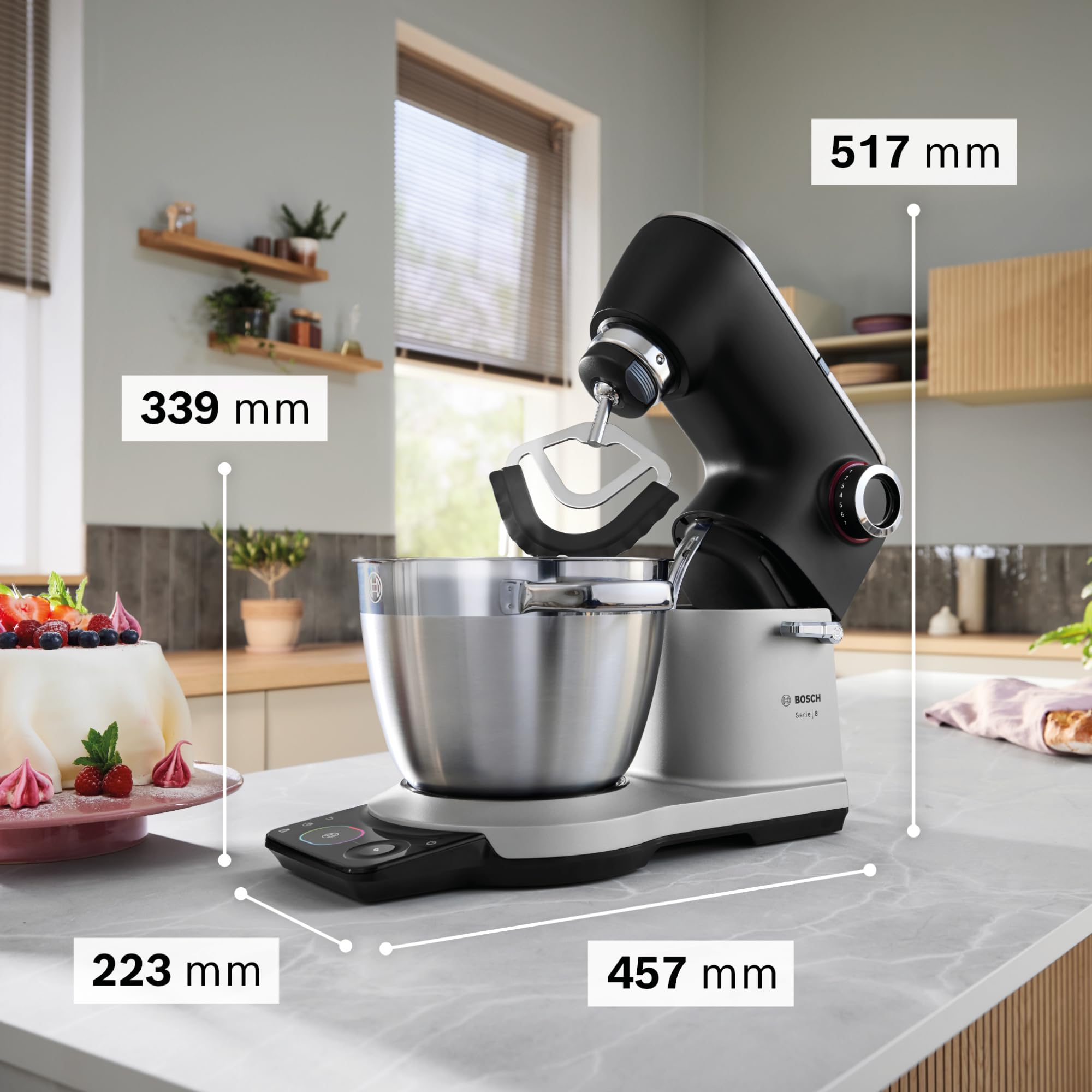 Bosch Küchenmaschine Serie 8, NEU, 9 Automatikprogramme, Waage, Timer, 7 Stufen, 6l Edelstahl-Schüssel, Knethaken, Rührbesen, Silikonbesen, spülmaschinenfest, 1.800 W, MUMS8ZS00 2